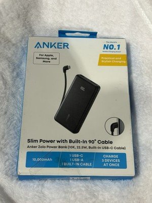 Anker Zolo Power Bank 10000mAh 22.5W USB-C Built-In Cable New Open Box