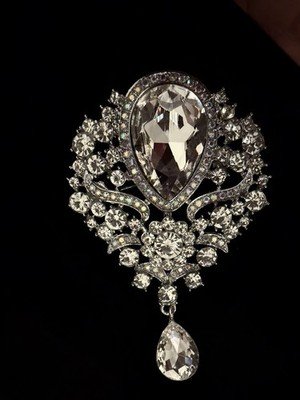 Large Dangling Brooch Silver Tone Clear Colorless Rhinestones Bling 4"