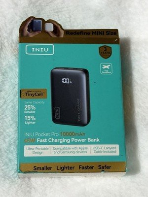 INIU Pocket Pro 10000mAh 45W Fast Charging Power Bank USB-C Portable Black New