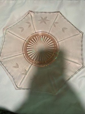 Vintage Pink Depression Glass Handle Tidbit Tray Etched Floral Serving Plate