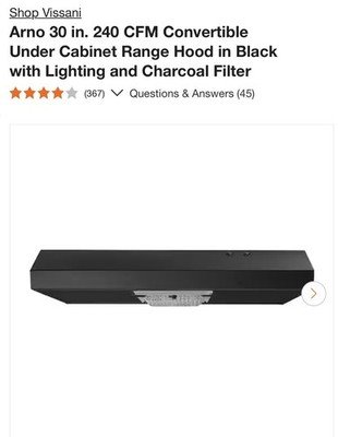 Vissani Arno 30" 240 CFM Under Cabinet Range Hood Black w Light Charcoal Filter