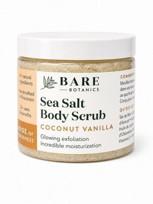 Bare Botanics Coconut Vanilla Sea Salt Body Scrub 10 oz NEW w/ Wooden Spoon