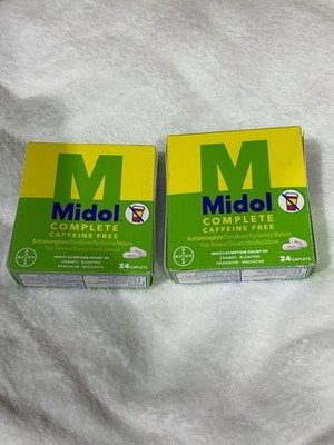 Midol Complete Caffeine Free 24 Caplets Menstrual Relief Exp 10/2026 2 Pack