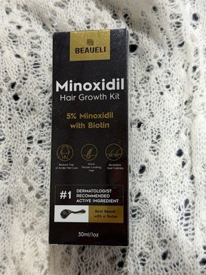 Beaueli 5% Minoxidil Hair Growth Kit w/ Biotin & Derma Roller 30mL 1oz NEW